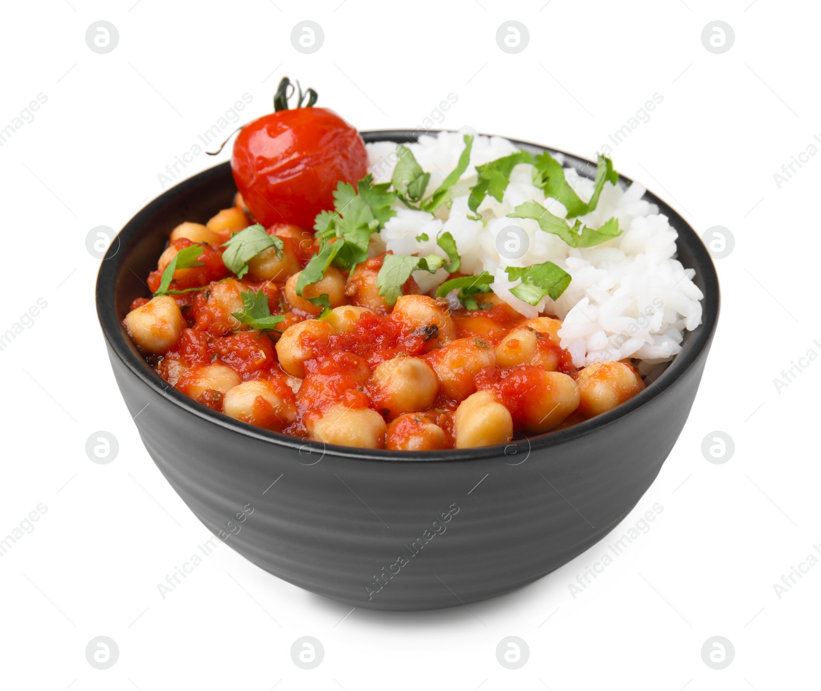 Photo of Delicious chickpea curry with rice in bowl isolated on white