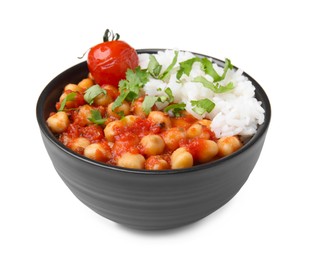 Delicious chickpea curry with rice in bowl isolated on white