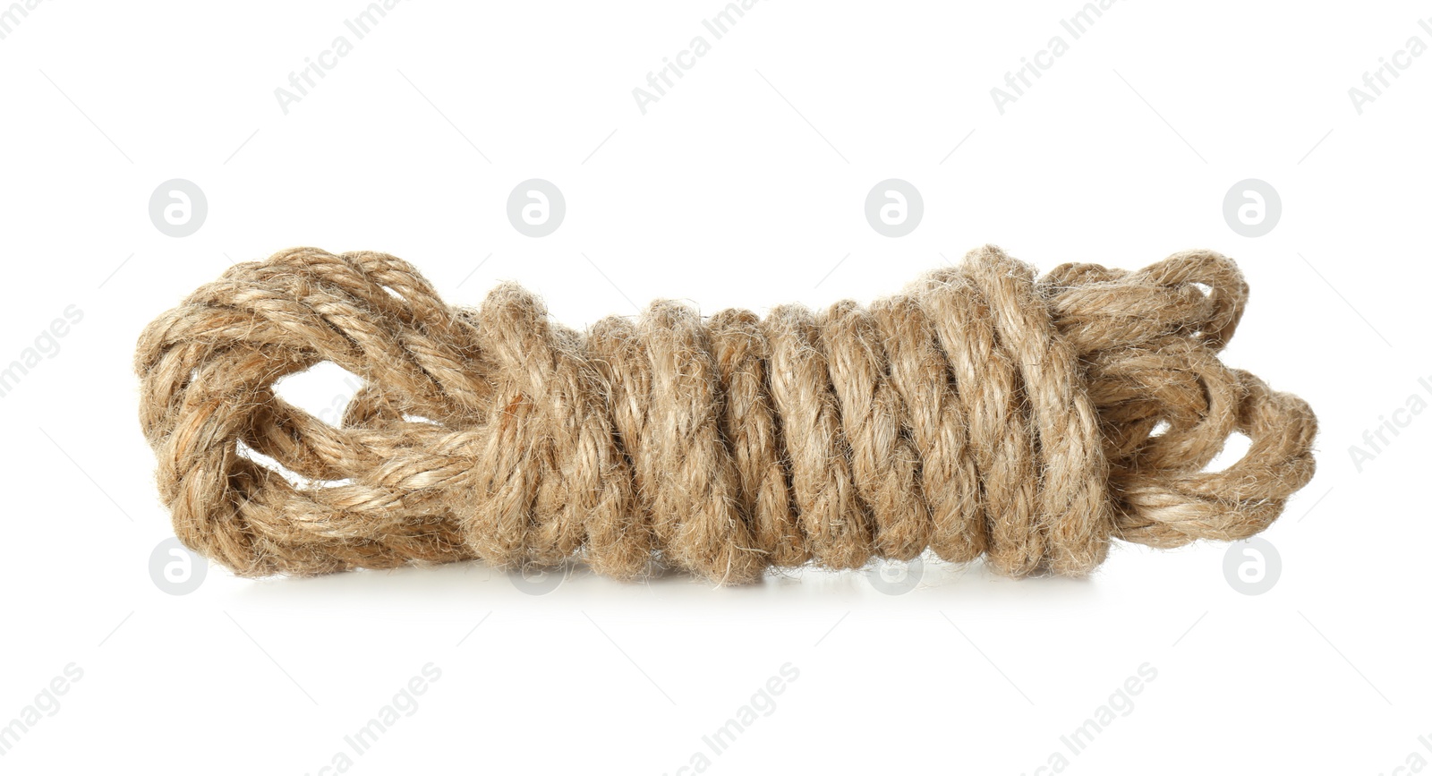 Photo of Bundle of hemp rope on white background