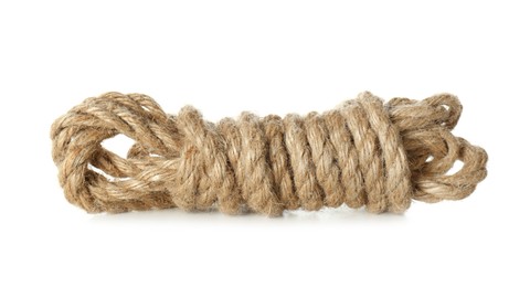 Photo of Bundle of hemp rope on white background