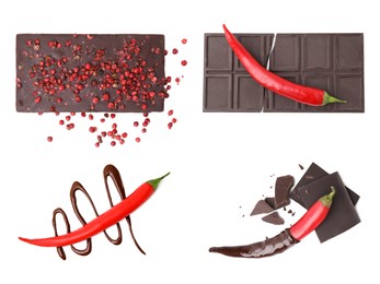 Collage with delicious chocolate, red peppercorns and chili peppers on white background, top view