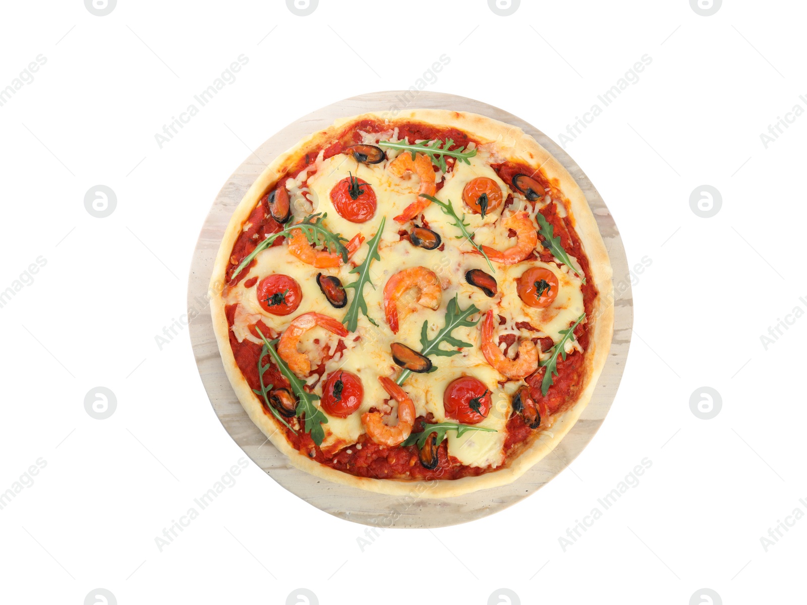 Photo of Delicious seafood pizza isolated on white, top view