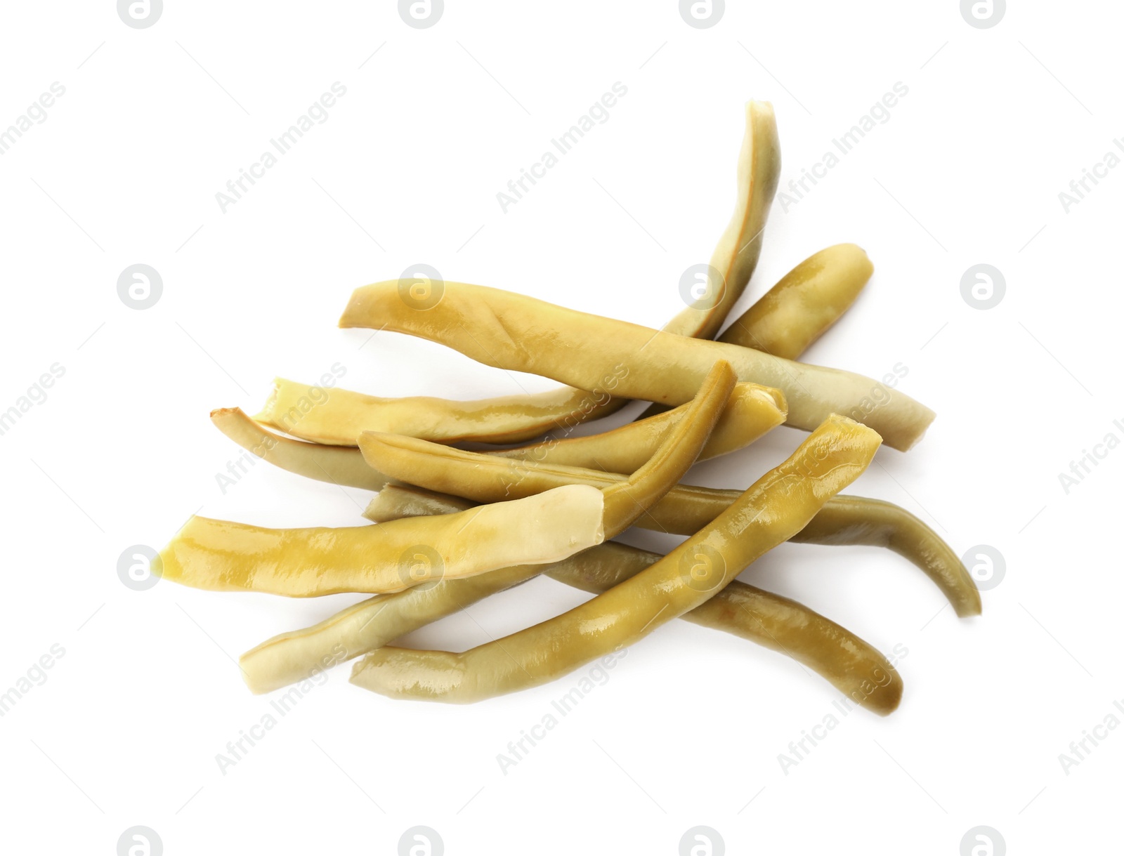 Photo of Pile of canned green beans on white background, top view