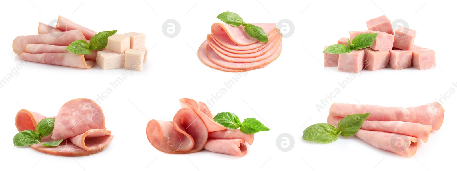 Image of Set of tasty sliced ham on white background. Banner design