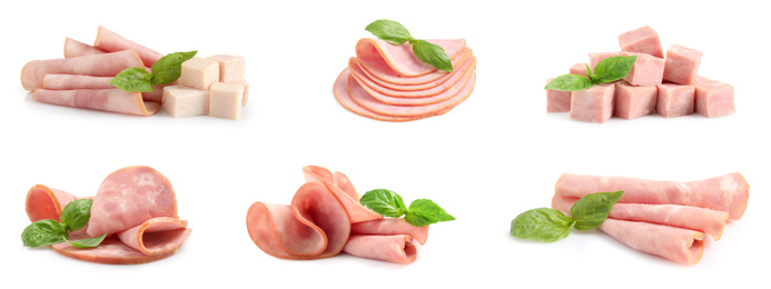 Image of Set of tasty sliced ham on white background. Banner design