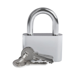 Photo of Steel padlock and keys isolated on white. Safety concept