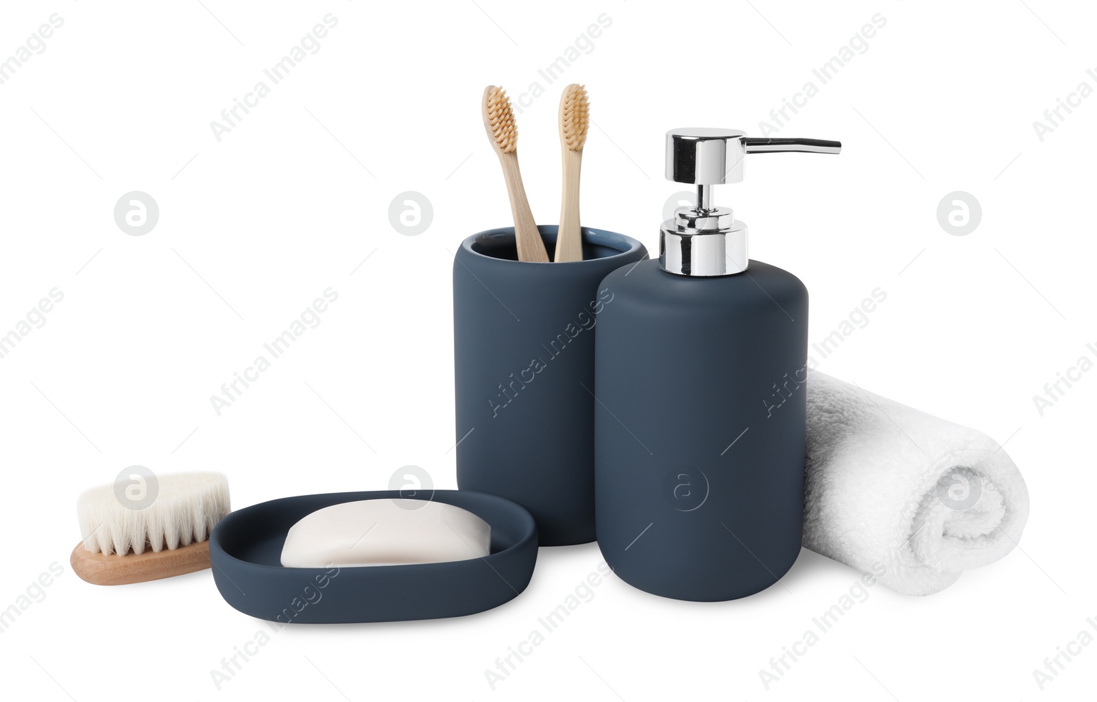 Photo of Bath accessories. Set of different personal care products isolated on white