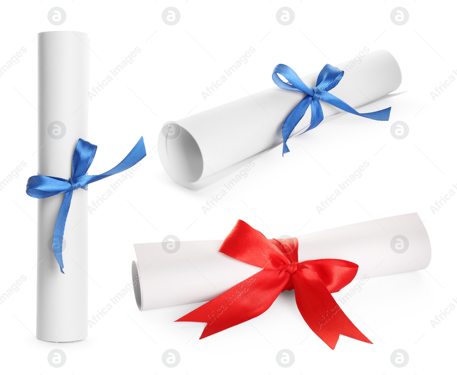 Image of Rolled student's diplomas with blue and red ribbons on white background, collage