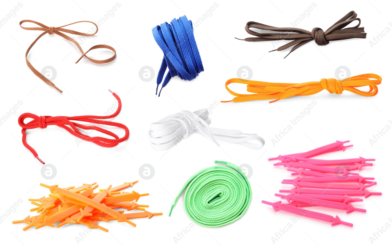 Image of Set with different bright shoe laces on white background