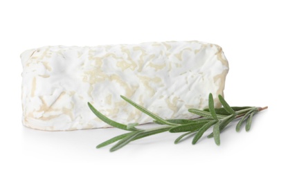 Photo of Delicious fresh goat cheese with rosemary on white background