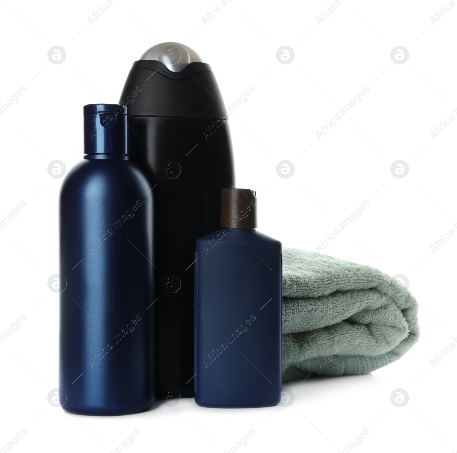 Photo of Personal hygiene products and towel on white background