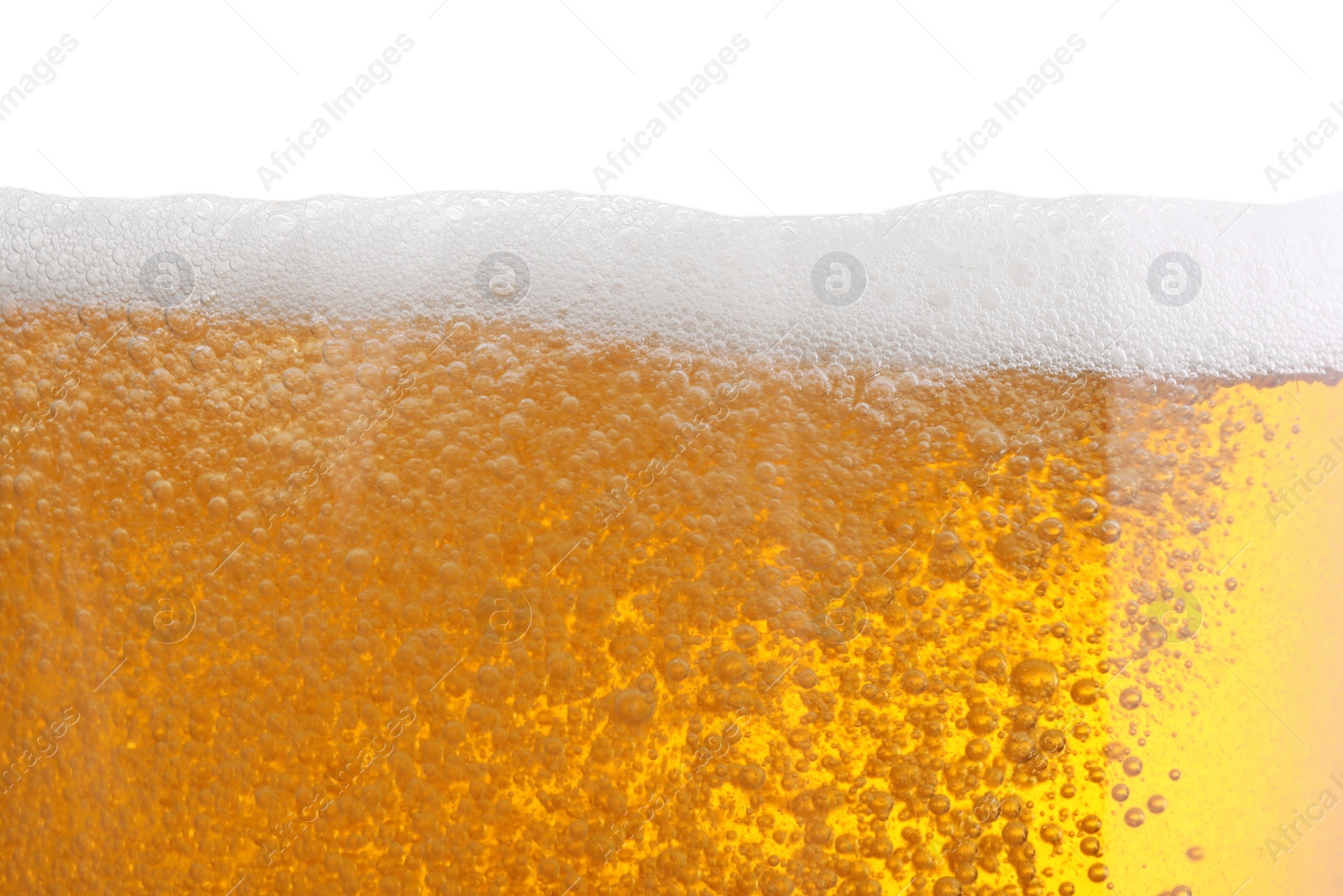 Photo of Tasty beer with foam in glass, closeup