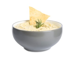 Delicious hummus with pita chip and rosemary in bowl isolated on white