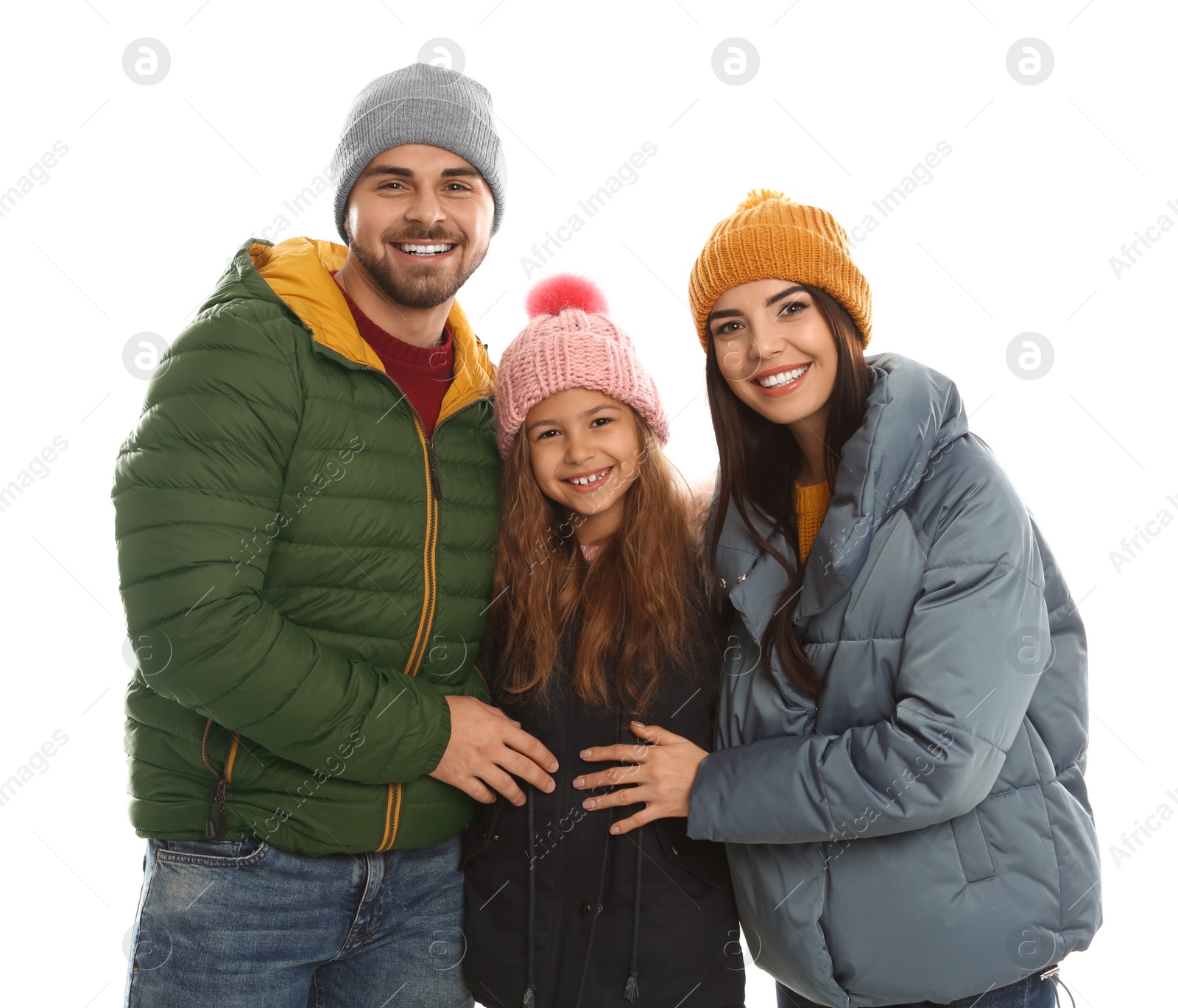 Photo of Happy family in warm clothes on white background. Winter vacation