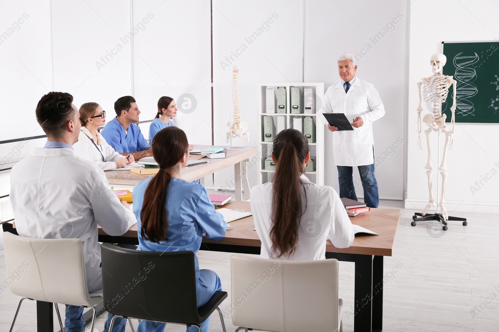 Photo of Medical students and professor studying human skeleton anatomy in classroom