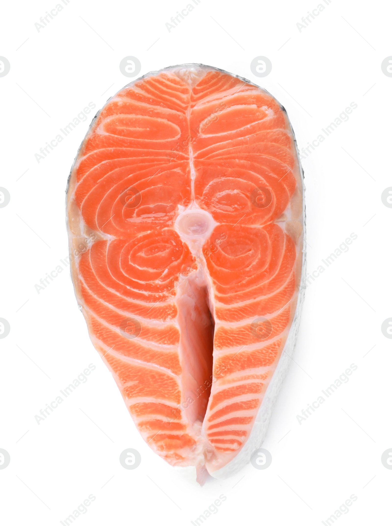 Photo of Fresh raw salmon on white background, top view. Fish delicacy