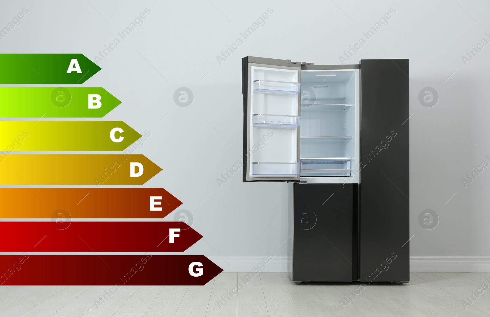 Image of Energy efficiency rating label and open refrigerator indoors