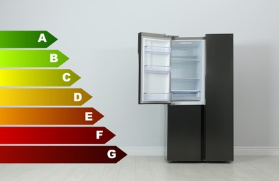 Image of Energy efficiency rating label and open refrigerator indoors