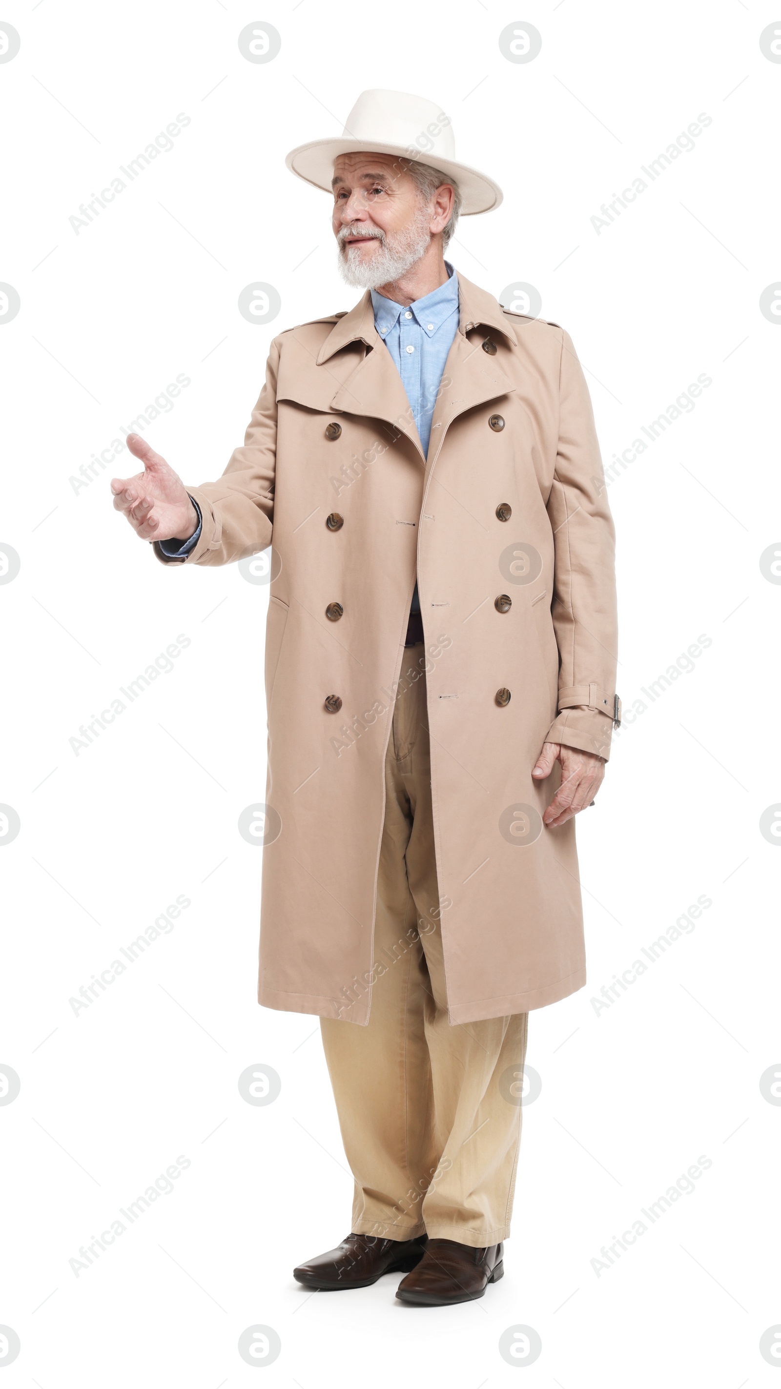 Photo of Senior man greeting someone on white background