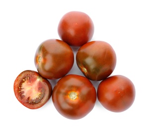 Photo of Fresh ripe brown tomatoes on white background, top view