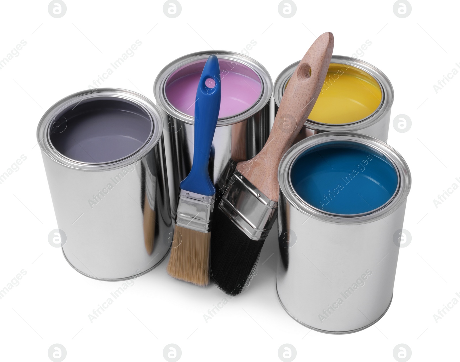 Photo of Cans of different paints and brushes on white background