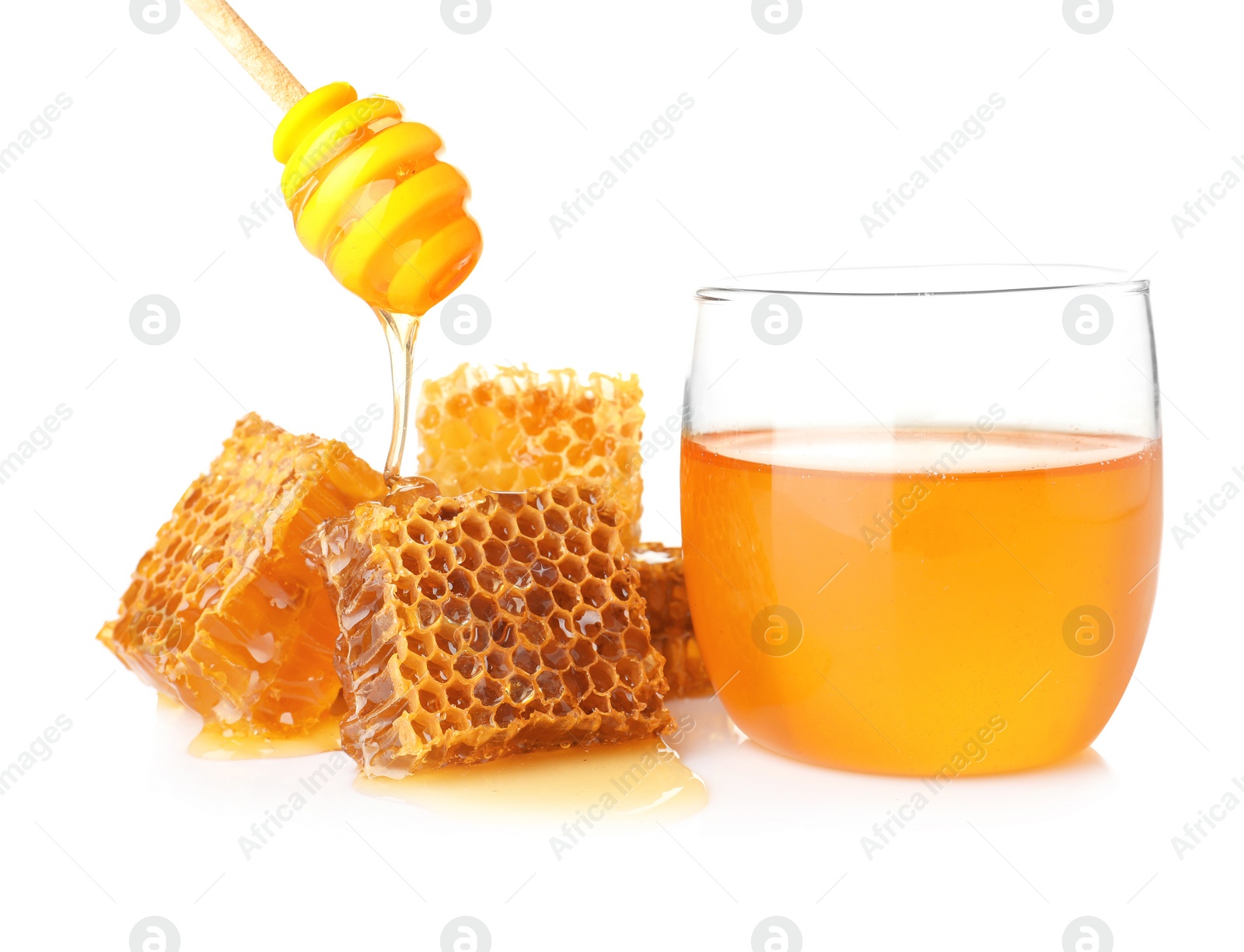 Photo of Composition with fresh honey on white background