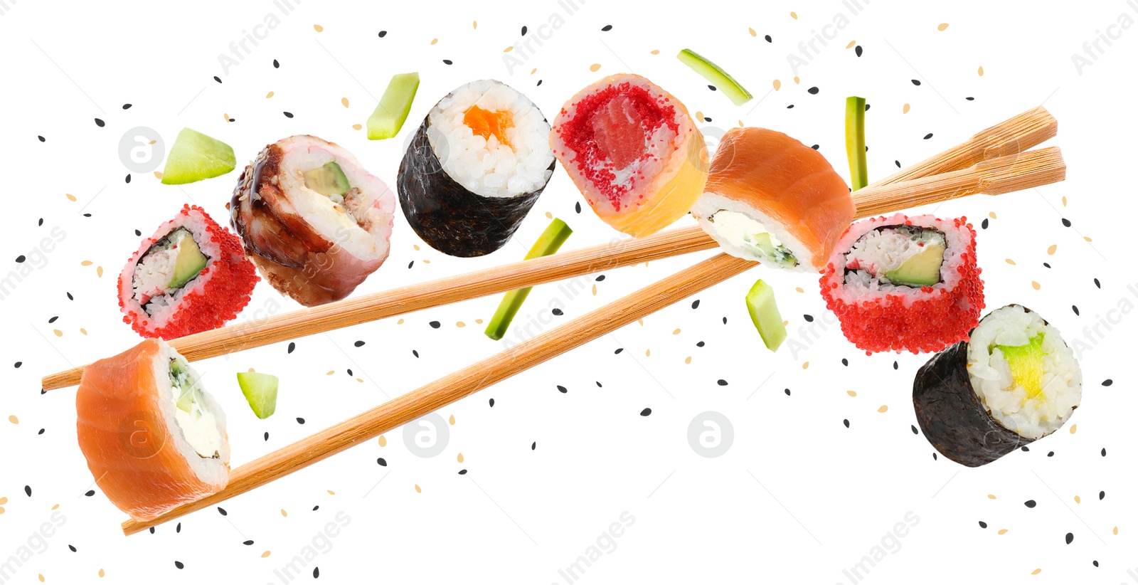 Image of Sushi rolls and wooden chopsticks flying on white background