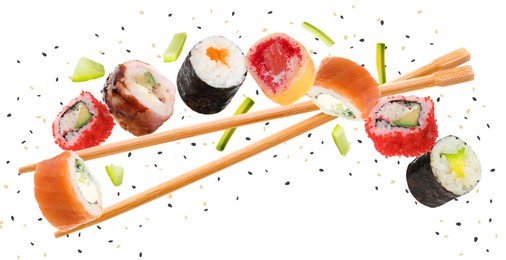 Sushi rolls and wooden chopsticks flying on white background