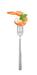 Image of Fork with tasty shrimp isolated on white