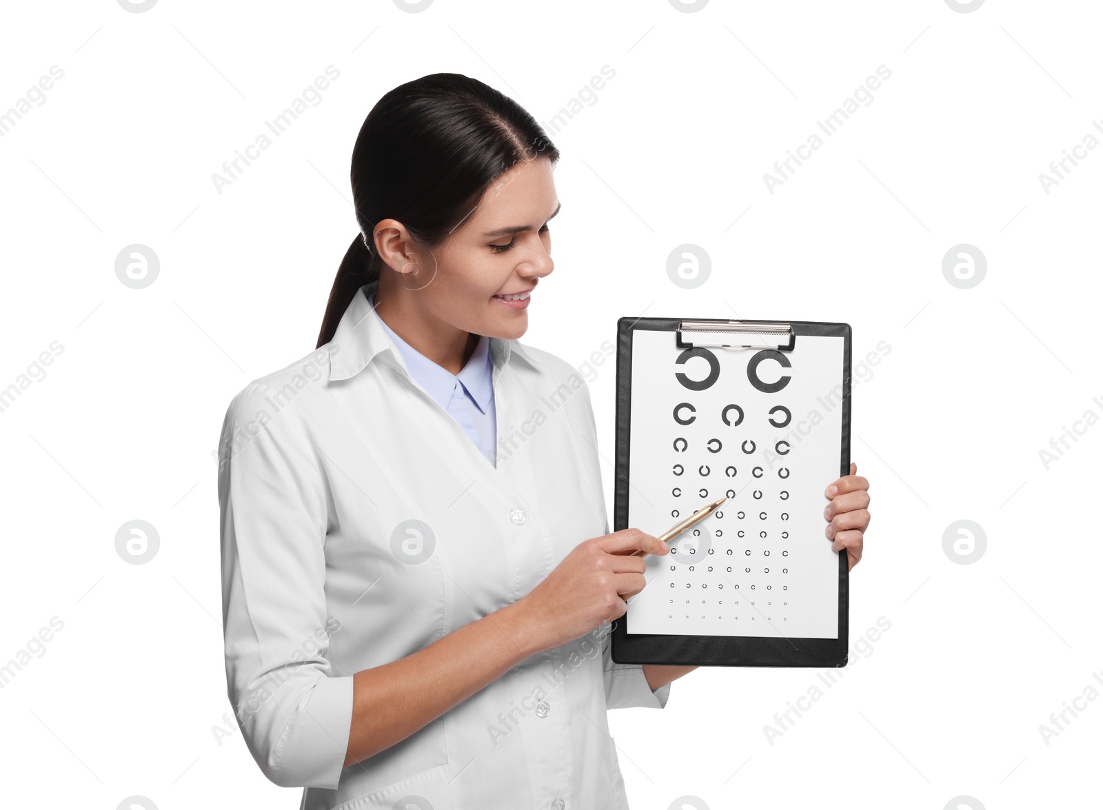 Photo of Ophthalmologist pointing at vision test chart on white background