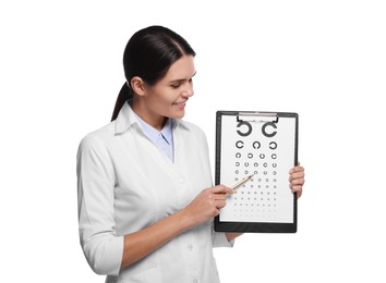 Ophthalmologist pointing at vision test chart on white background