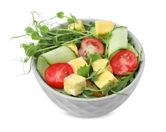 Photo of Bowl of tasty salad with tofu and vegetables isolated on white