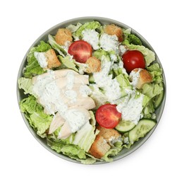 Photo of Bowl of delicious salad with Chinese cabbage, cucumber, meat and tomatoes isolated on white, top view