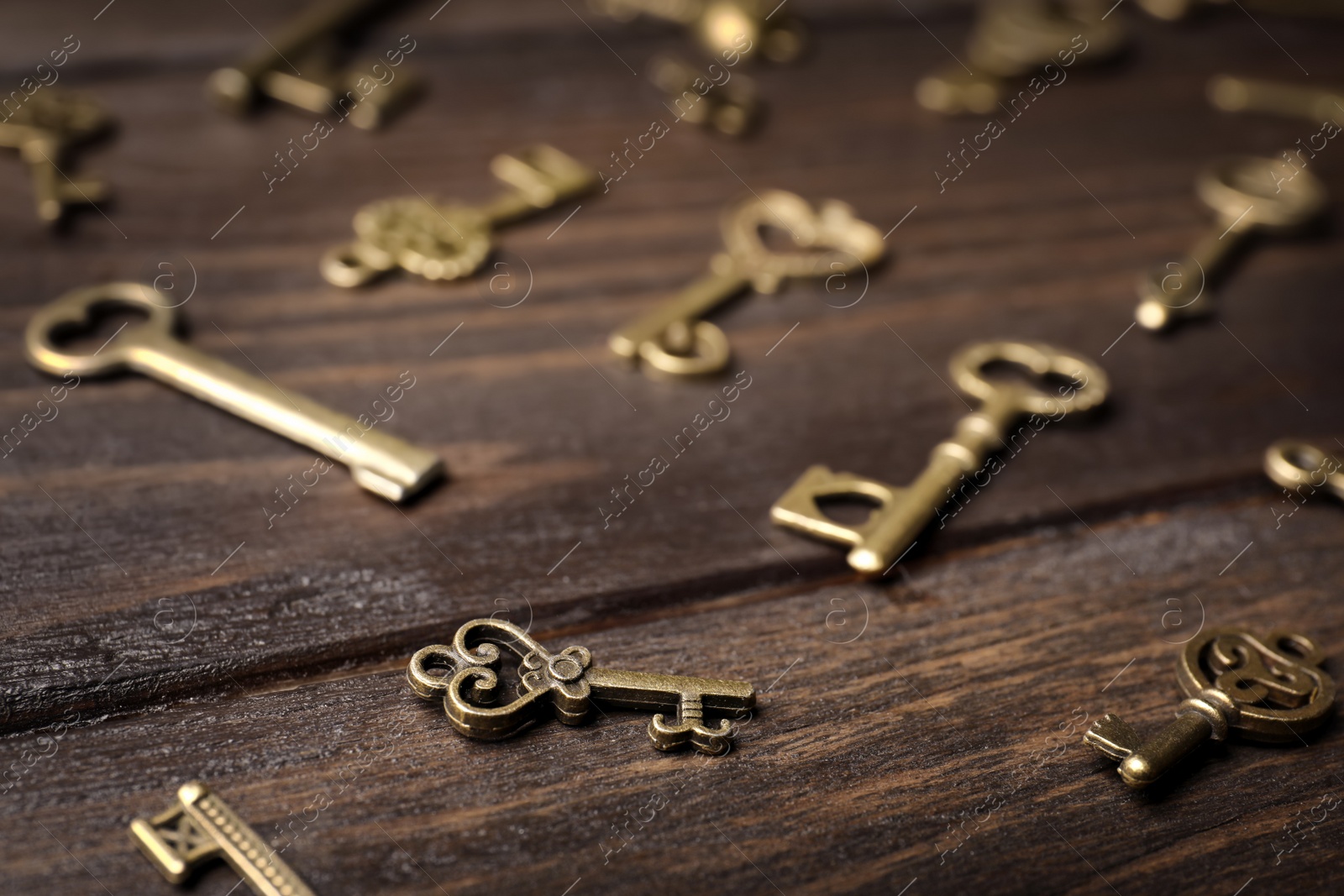 Photo of Old vintage keys on wooden background, closeup