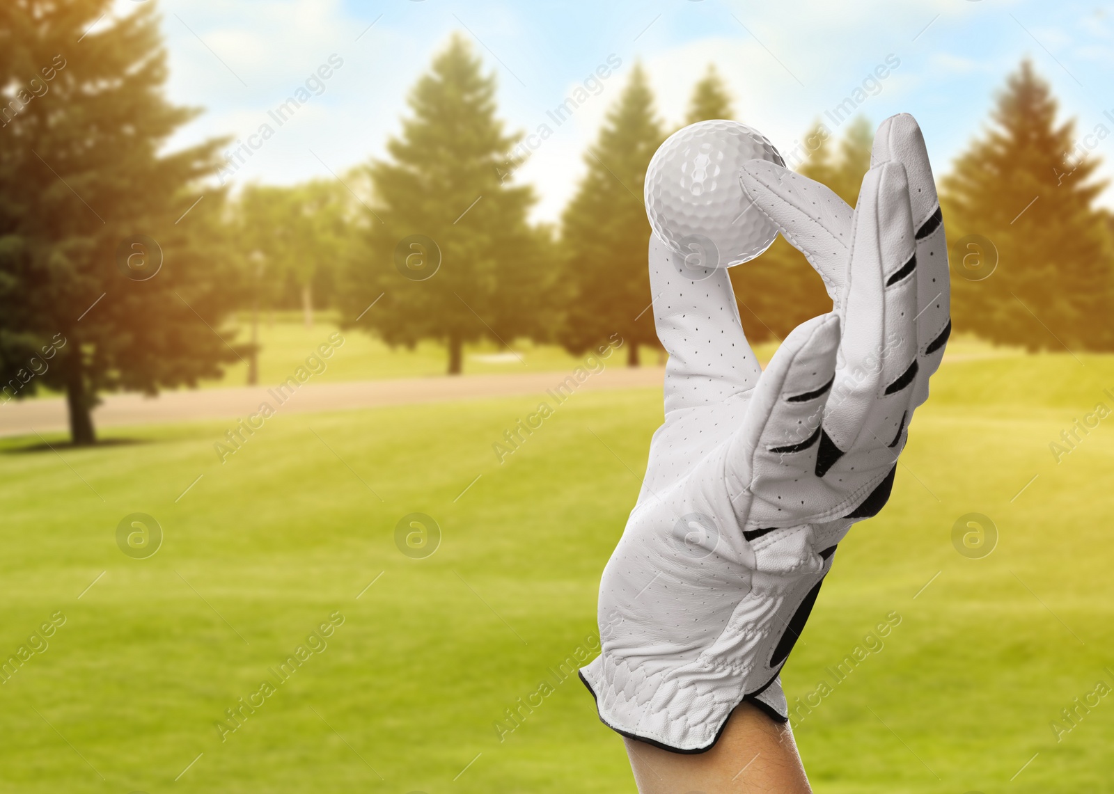 Image of Player holding golf ball in park on sunny day, closeup. Space for design