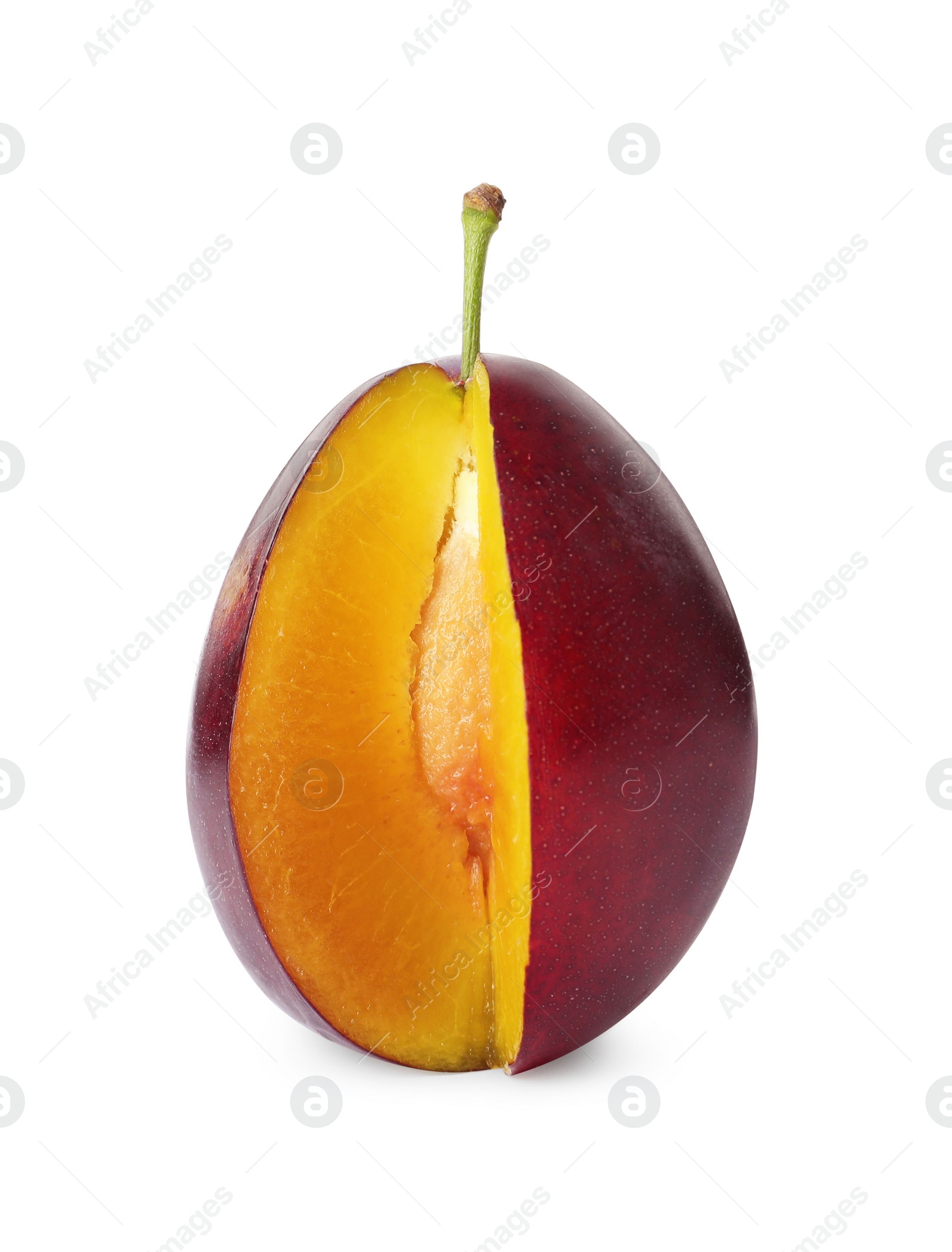 Photo of Fresh cut ripe plum on white background