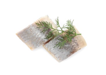 Photo of Delicious salted herring slices with dill on white background, top view