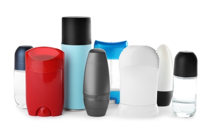 Photo of Set of different male deodorants on white background