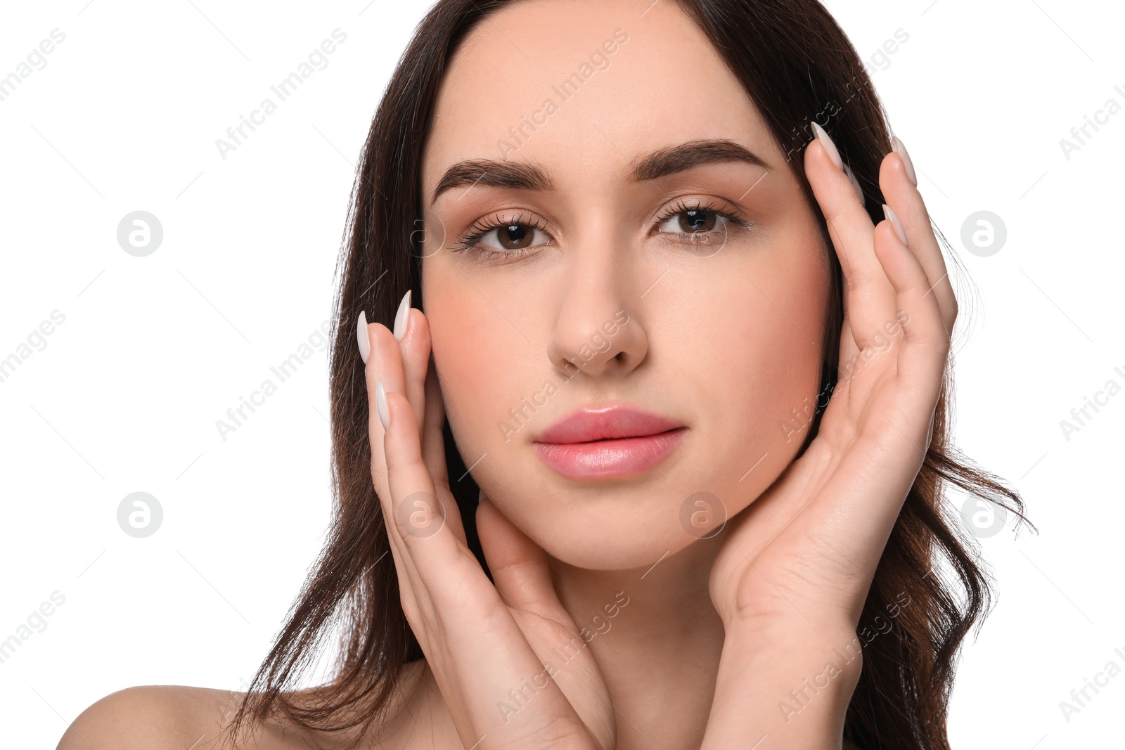 Photo of Beautiful young woman with healthy skin on white background, closeup