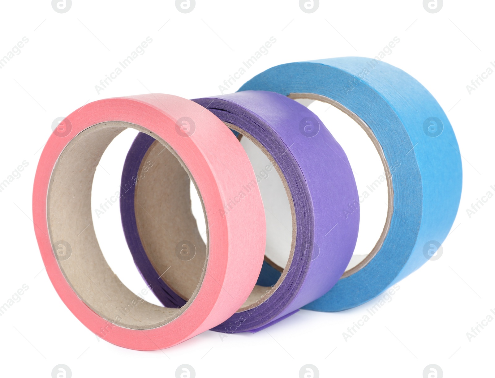 Photo of Many different rolls of adhesive tape on white background