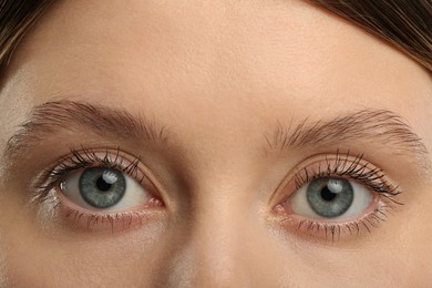 Photo of Woman with long eyelashes after mascara applying, closeup