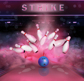 Image of Bowling ball bouncing pins. Successful hit - strike