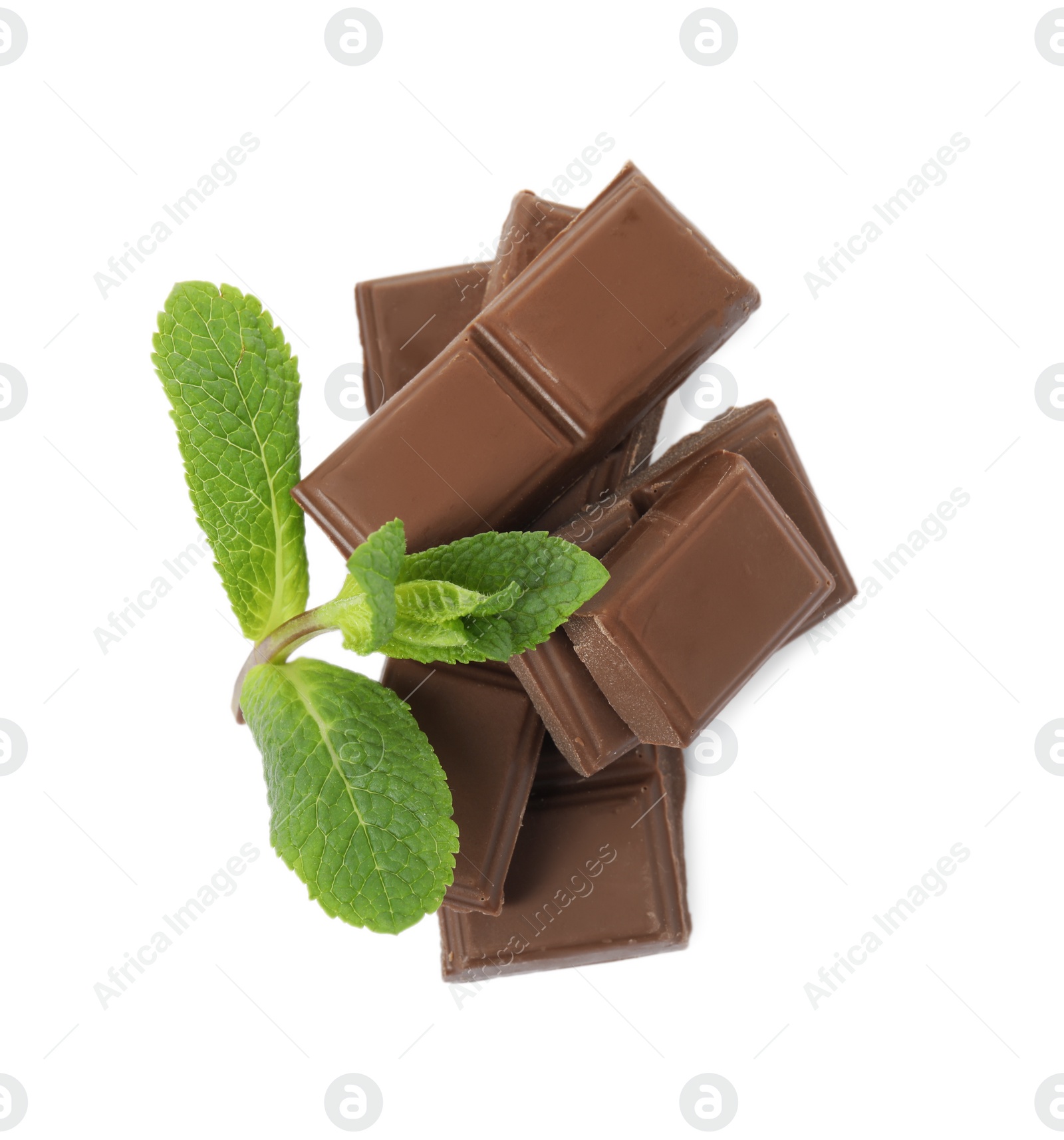 Photo of Tasty chocolate pieces and mint on white background, top view