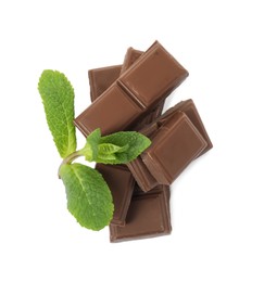 Tasty chocolate pieces and mint on white background, top view