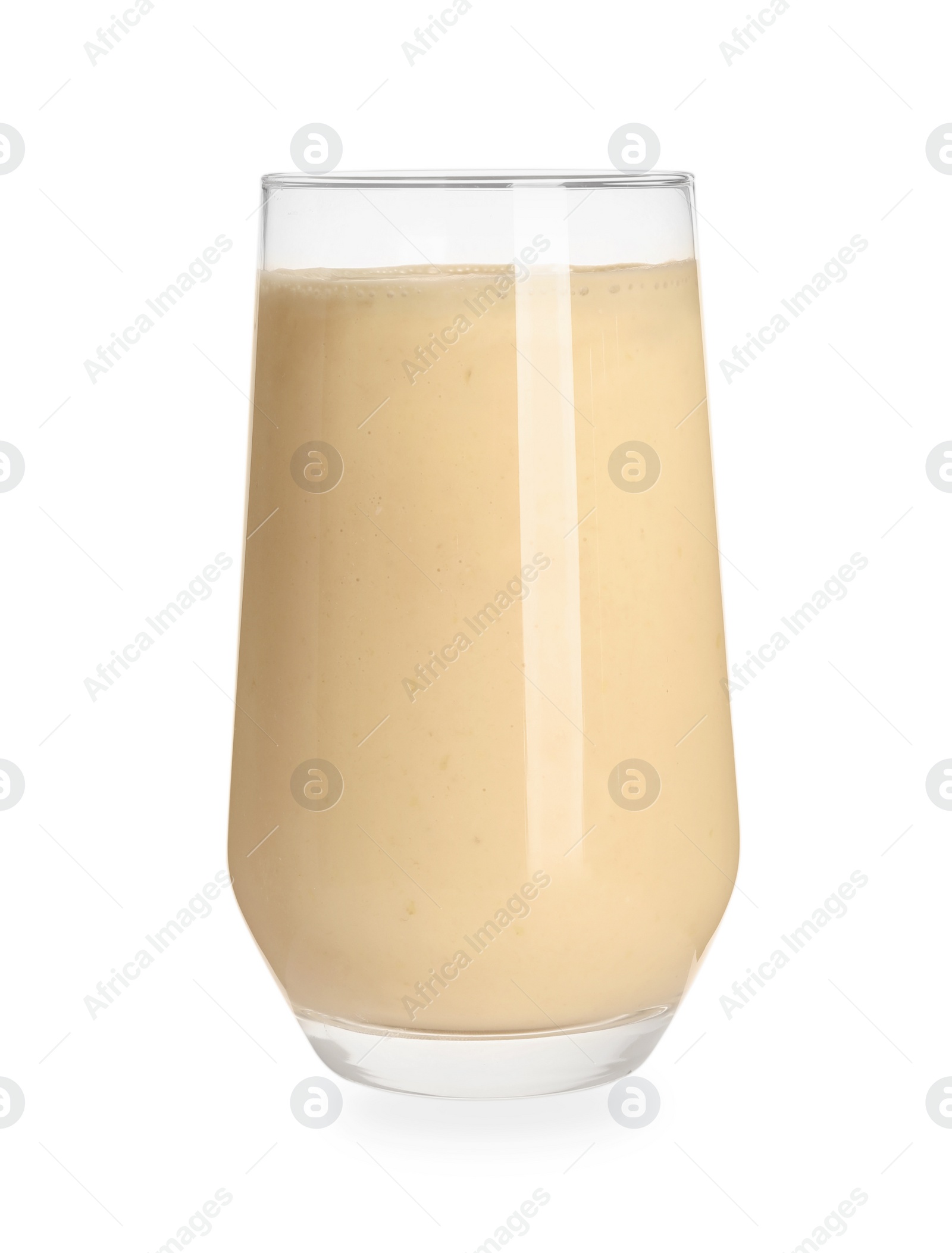 Photo of Tasty organic smoothie in glass isolated on white