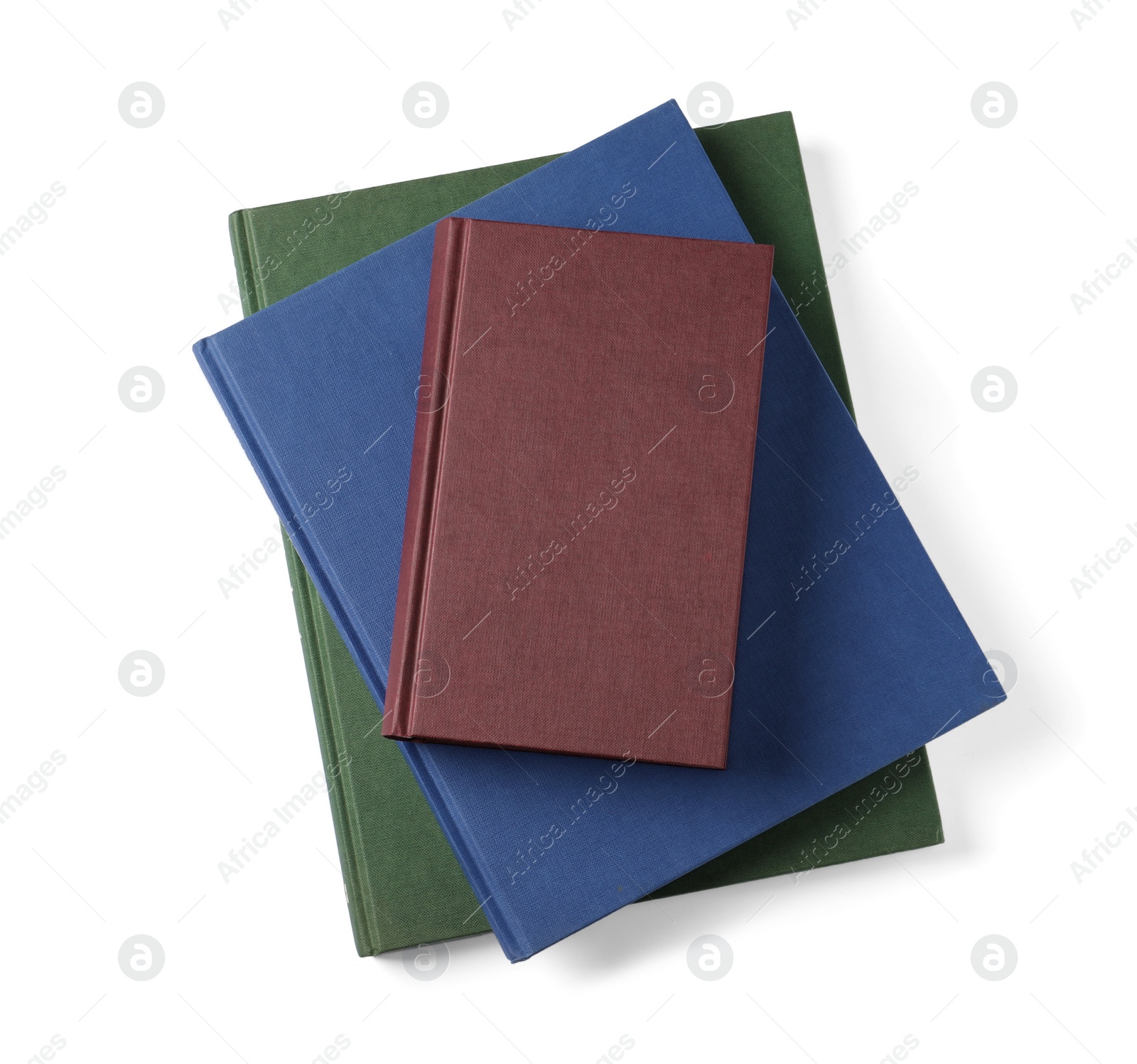 Photo of Hardcover books isolated on white, top view