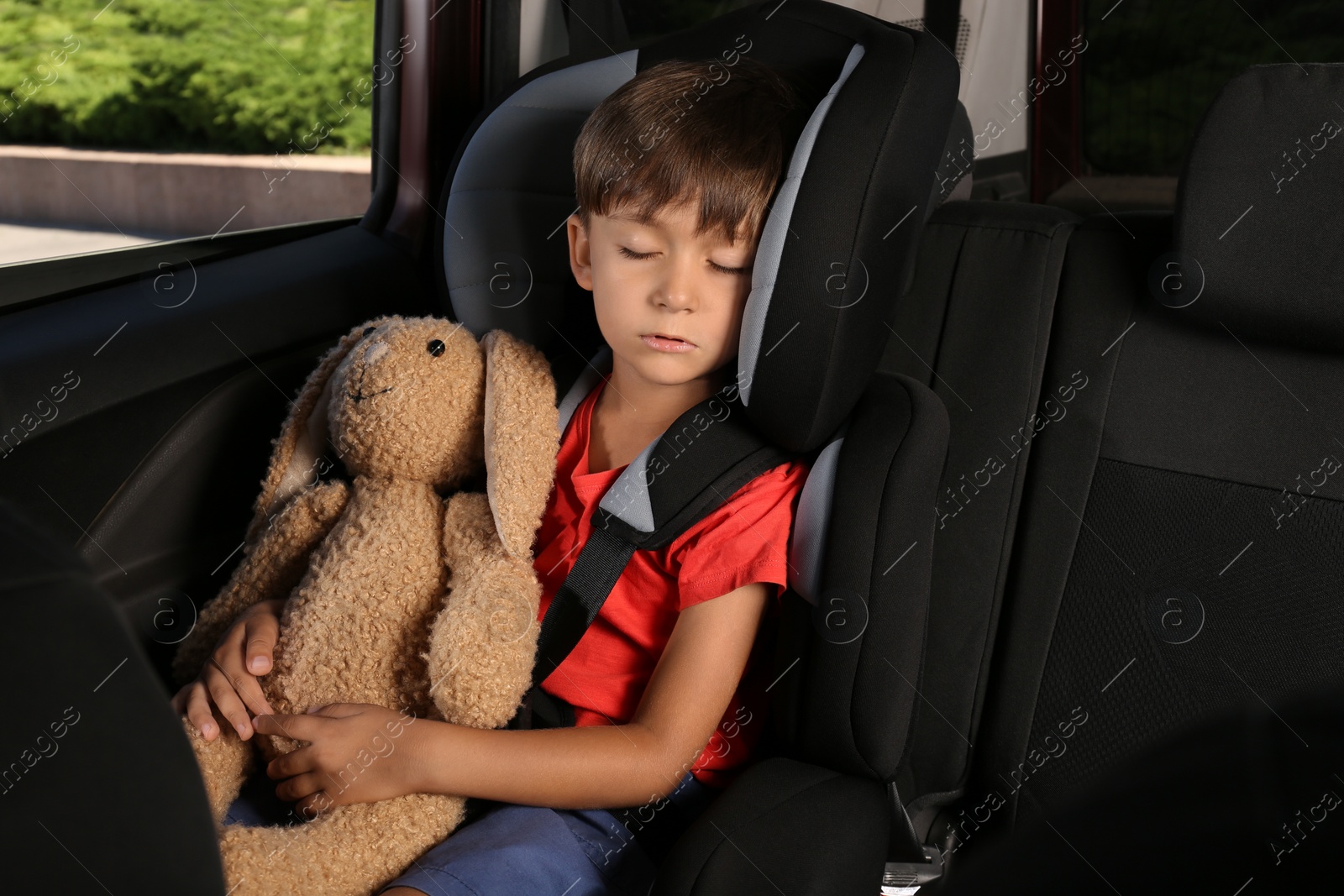 Photo of Little boy fastened with car safety belt in child seat sleeping