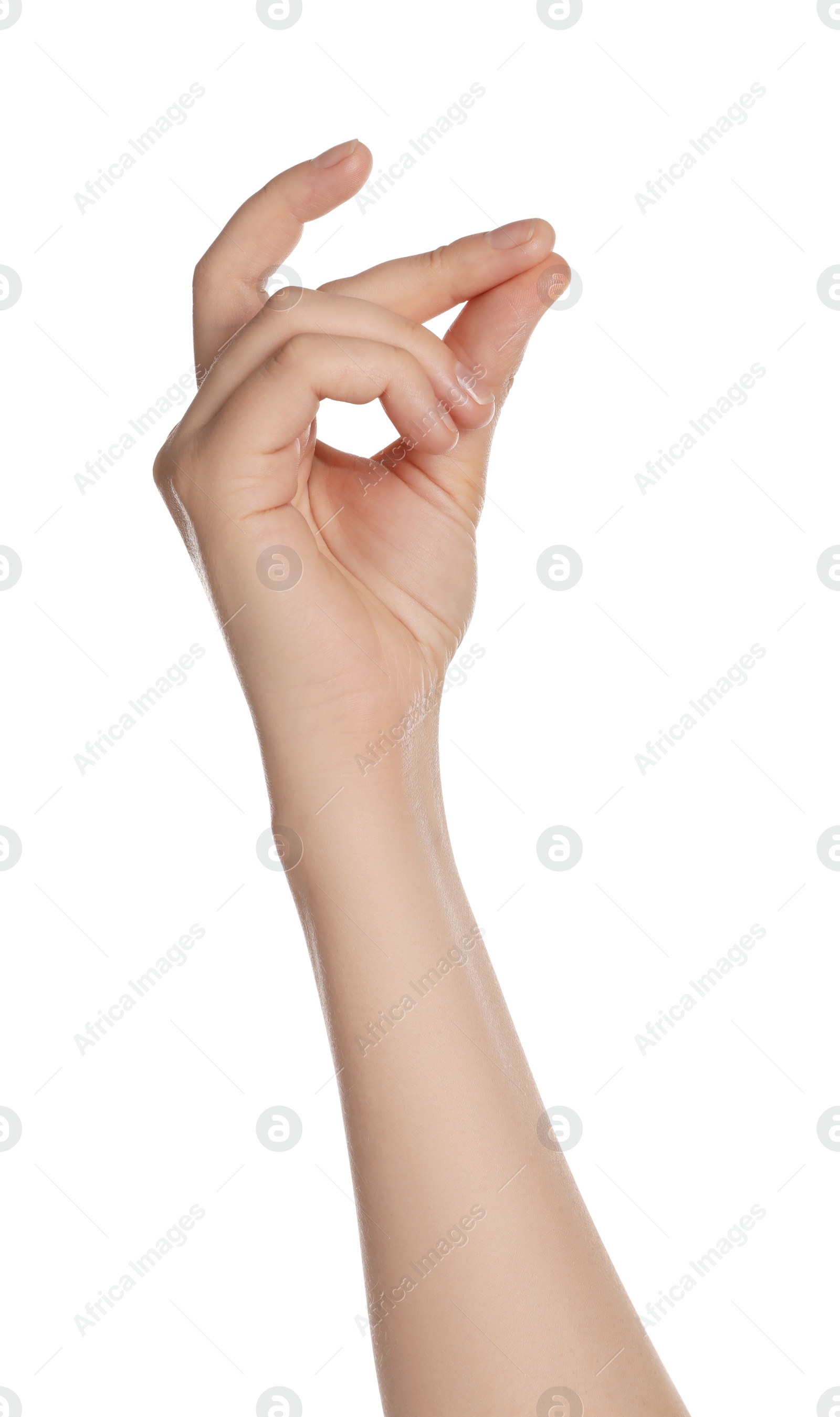 Photo of Woman snapping fingers on white background, closeup of hand