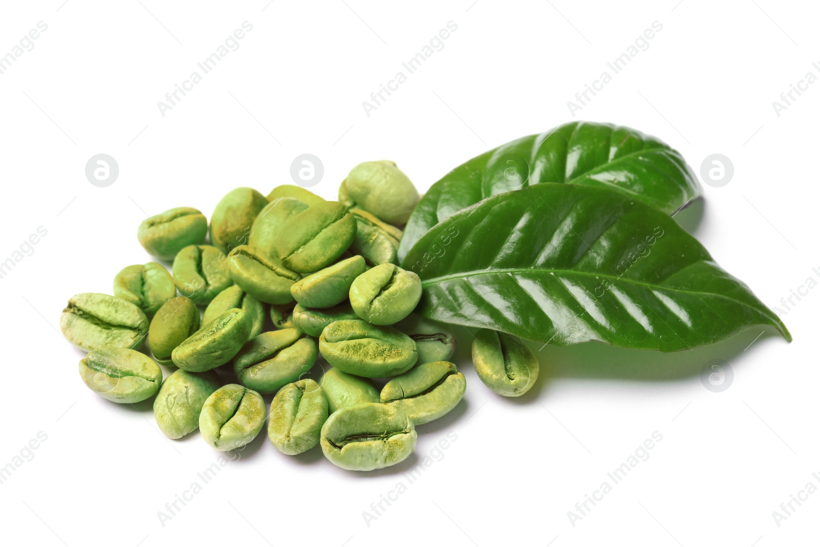 Photo of Green coffee beans and fresh leaves on white background