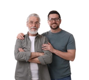 Photo of Happy son and his dad on white background